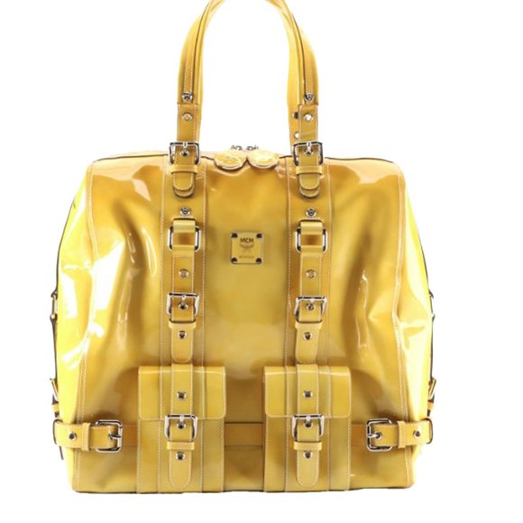 MCM Buckle Strap Large Yellow Patent Leather Tote